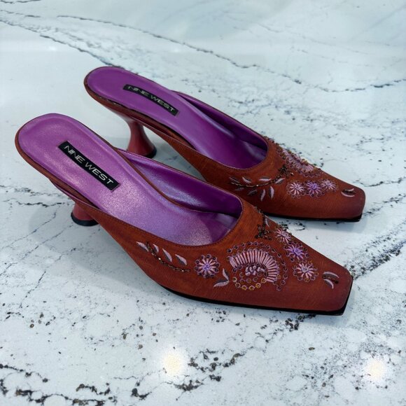 Vintage Nine West Fabrice Mules Orange fabric with embroidery Size 10 - Picture 6 of 6